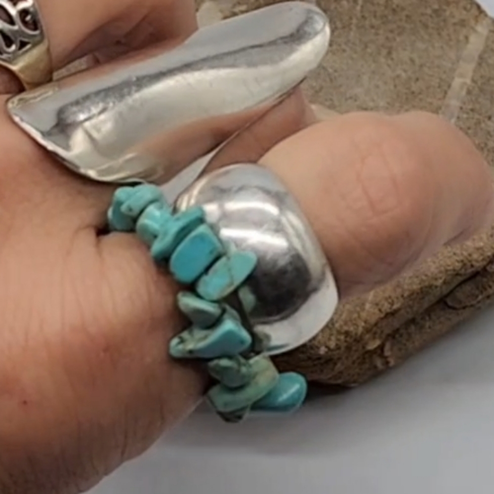 Native American Beaded Unique Ring Natural Raw Turquoise Silver Clasp